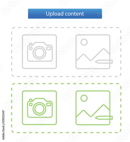 Vector illustration, image web upload window, active and inactive interface, upload content blue button.