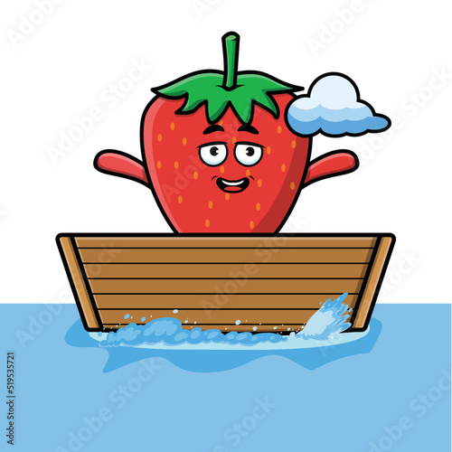 cute cartoon strawberry get on boat in vector character illustration