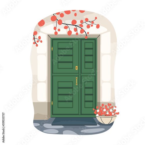 Front door exterior. House entrance with mat, potted plant outdoors. Home doo...