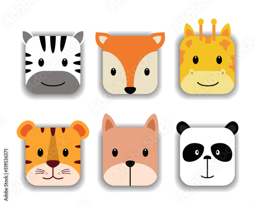 set of sticker cute square face animal horse fox girrafe tiger dog and panda set