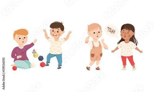 Bad behavior of kids set. Girls swearing loudly, boys fighting over toys cartoon vector illustration