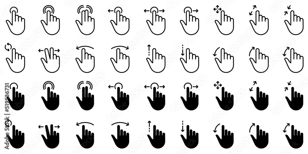 Obraz premium Gesture Tap Line and Silhouette Icon Set. Swipe Hand Finger Touch and Drag Linear, Glyph Pictogram. Pinch Screen, Rotate Up Down on Screen Outline Icon. Gesture Slide. Isolated Vector Illustration