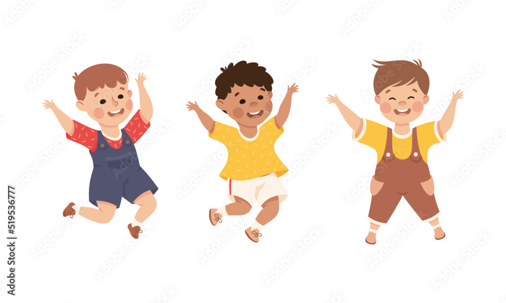 Happy kids having fun. Joyful boys playing together, happily jumping cartoon vector illustration Happy kids having fun. Joyful boys playing together, happily jumping cartoon vector illustration