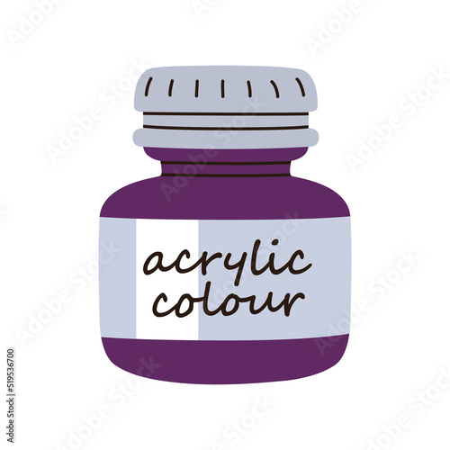 Acrylic paint jar. Colour bottle closed with lid. Acryl color pack with cap. ...