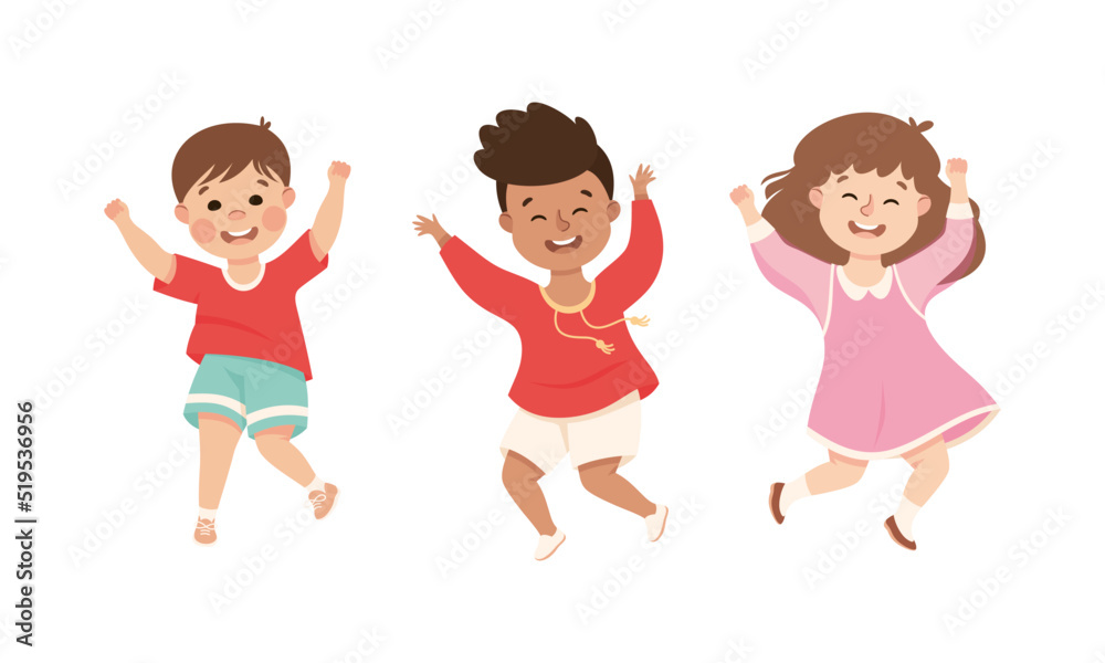 Happy joyful multicultural kids playing together, dancing or happily jumping cartoon vector illustration Happy joyful multicultural kids playing together, dancing or happily jumping cartoon vector illustration
