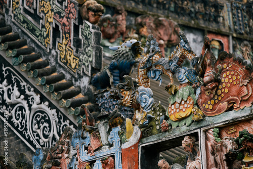 Colorful Pottery Sculpture Ridges and Brick Carvings at Chen Clan Ancestral Hall, Lingnan Style Architecture, Guangzhou, China