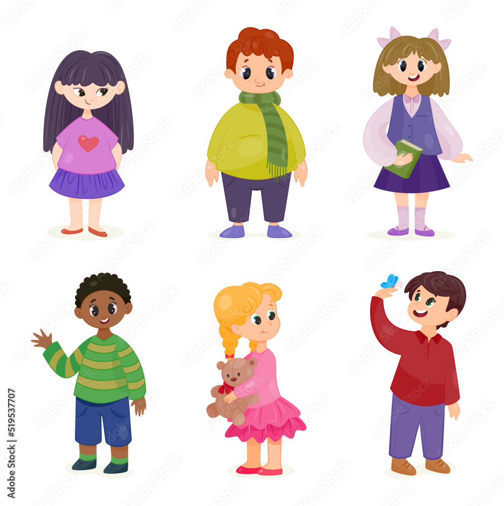 Cute kids set. Smiling stylish children in different poses. Beautiful multiracial boys and girls with book and toy. Happy preschoolers. Cartoon flat vector collection isolated on white background Cute kids set. Smiling stylish children in different poses. Beautiful multiracial boys and girls with book and toy. Happy preschoolers. Cartoon flat vector collection isolated on white background