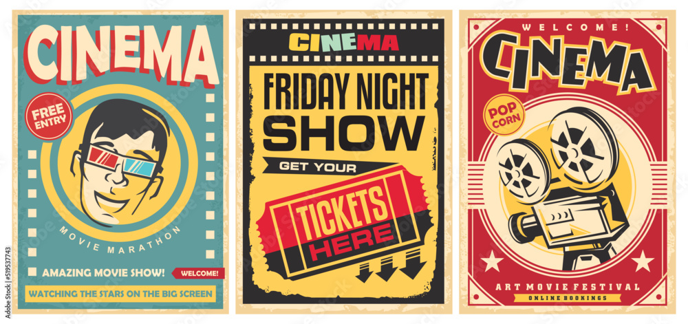 custom made wallpaper toronto digitalVintage retro design with old cinema movie posters. Vector illustration.