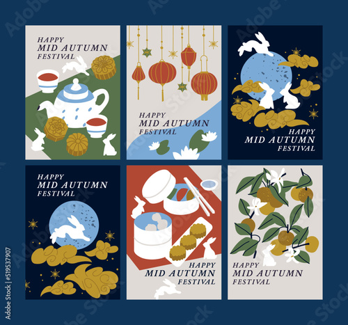 Vector set of backgrounds or posters for Mid Autumn Festival or Mooncake Festival with illustration rabbits and paper lanterns and decoration.