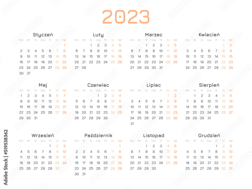 Calendar for 2023 years, simple orange