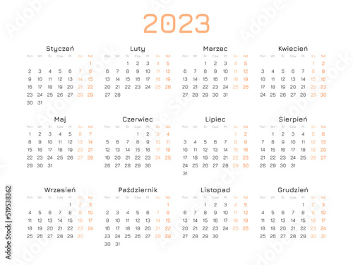 Calendar for 2023 years, simple orange