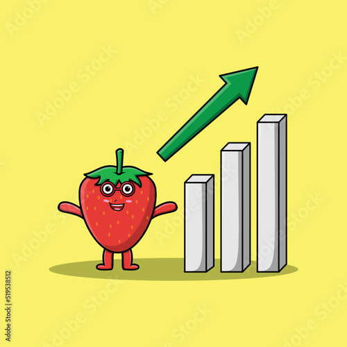 cute cartoon strawberry with rising sign graphic in flat modern design