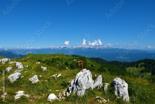 Panoramic view of Julian alps and Ratitovec mountain range in Gorenjska, Slovenia photo