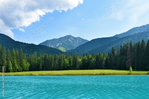 Fototapeta Naklejka Na Ścianę i Meble -  Meadow at the shore of Weissensee lake in Carinthia, Austria and the peak of Spitzegel mountain in Gailtal Alps