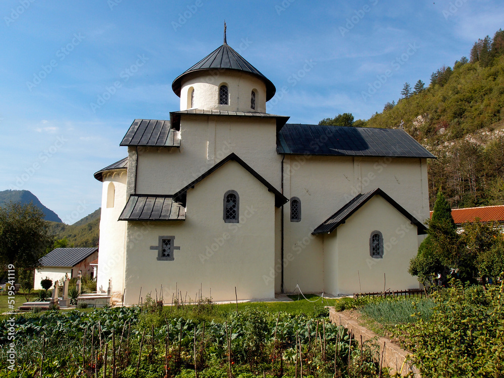 Beautiful view of the building of the chapel in the mountain monastery