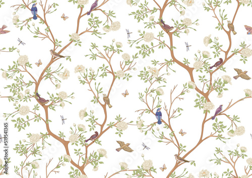 Camellia blossom tree With sparrow, finches, butterflies, dragonflies. Seamless pattern, background. Vector illustration. Chinoiserie, traditional oriental botanical motif.