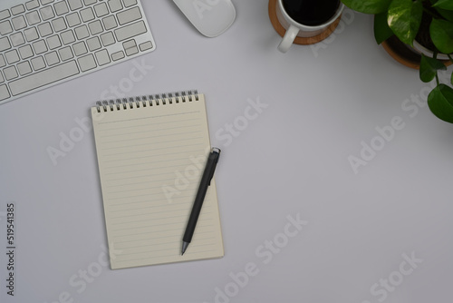 Blank notepad  coffee cup  keyboard and potted plant on white office desk