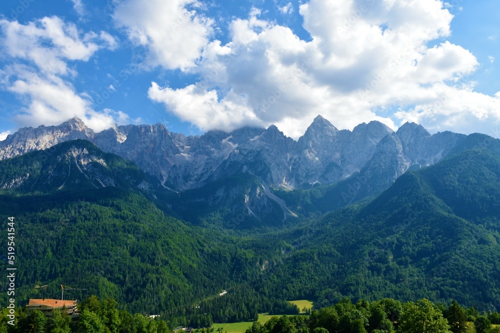 View of mountains in Julian alps, Gorenjska, Slovenia with mountains Kukova Spica and Skrlatica