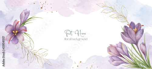 Watercolor vector background of abstract art with purple flowers and golden branches.