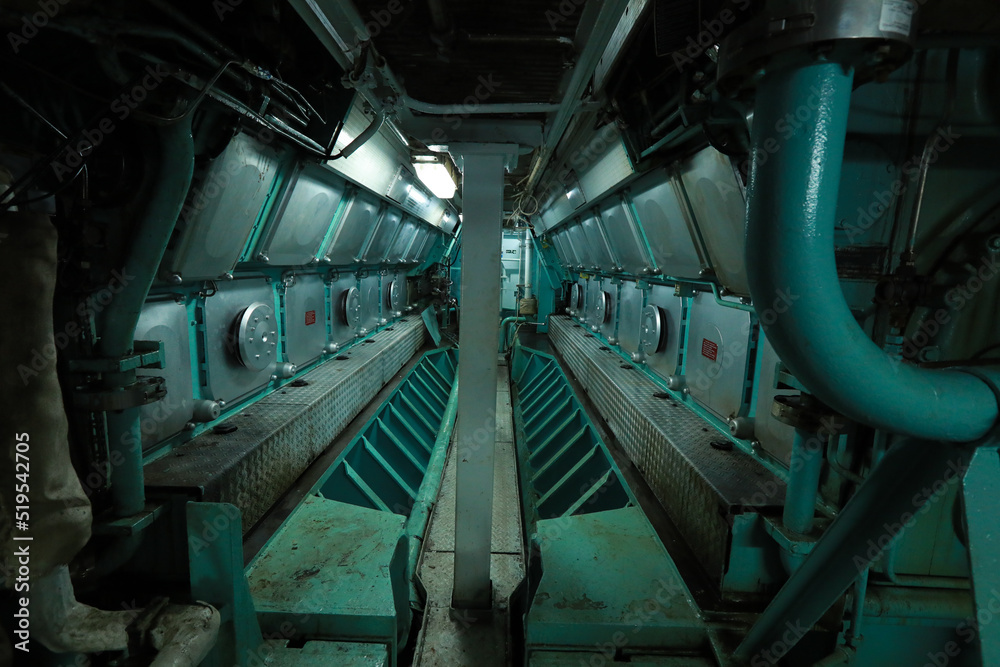 Cruise ship engine room interior with water tight doors electrical and