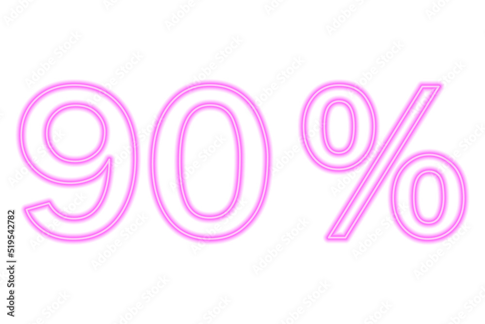 90 percent inscription isolated on white. Pink line in neon style.