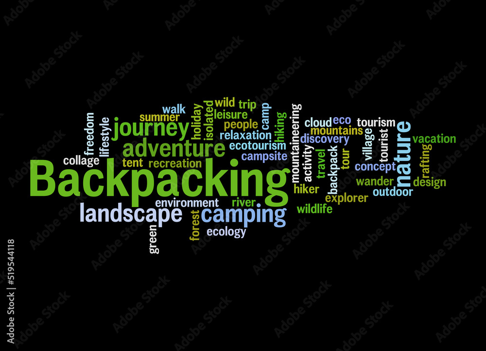 Word Cloud with BACKPACKING concept, isolated on a black background Word Cloud with BACKPACKING concept, isolated on a black background