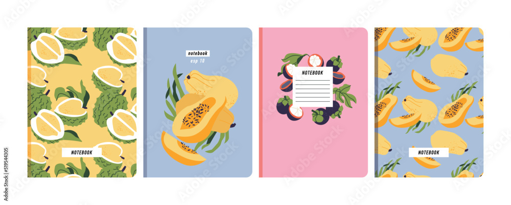 Vector illustartion templates cover pages for notebooks, planners, brochures, books, catalogs. Fruits wallpapers with with papaya, durian and mangosteen.