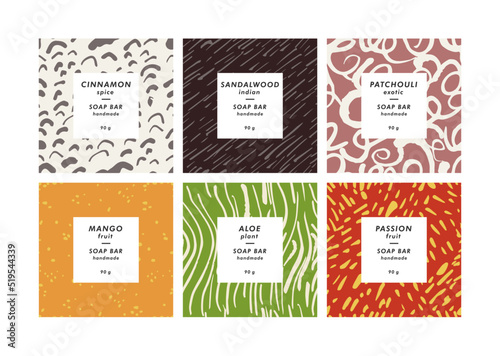 Vector set seamless patterns for cosmetics with template design labels. Abstract contemporary backgrounds for handmade soap.