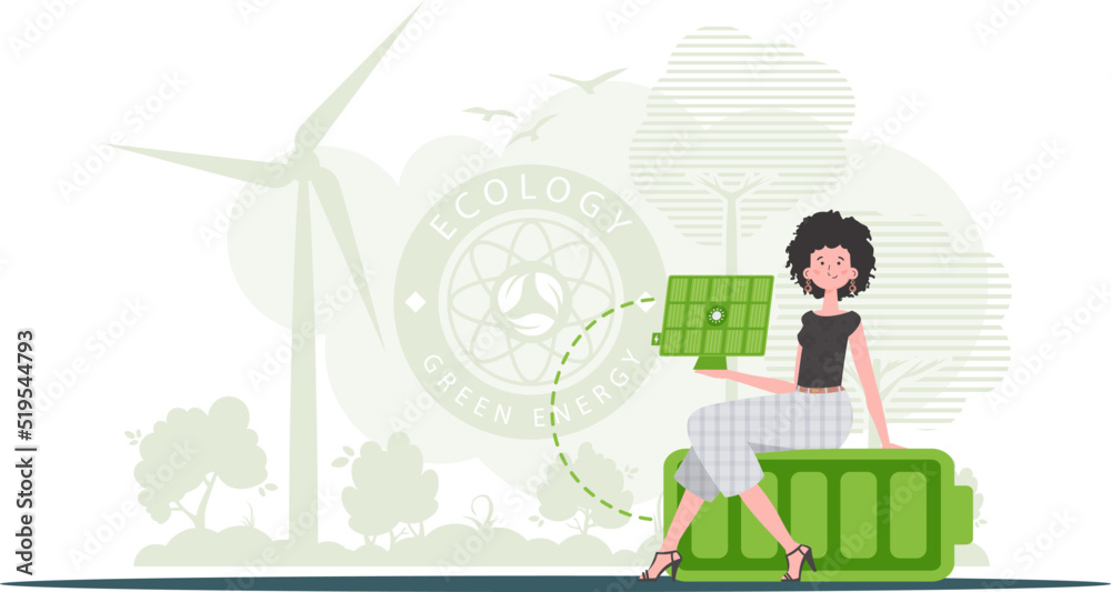 Green energy concept. A woman sits on a battery and holds a solar panel in her hands. trendy style. Vector illustration. Green energy concept. A woman sits on a battery and holds a solar panel in her hands. trendy style. Vector illustration.