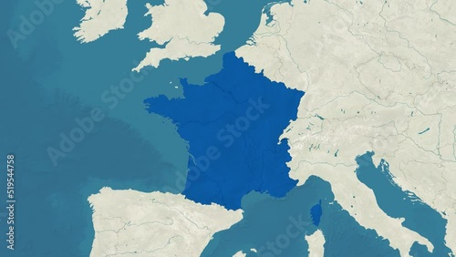 Zoom in to the map of France with text, textless, and with flag