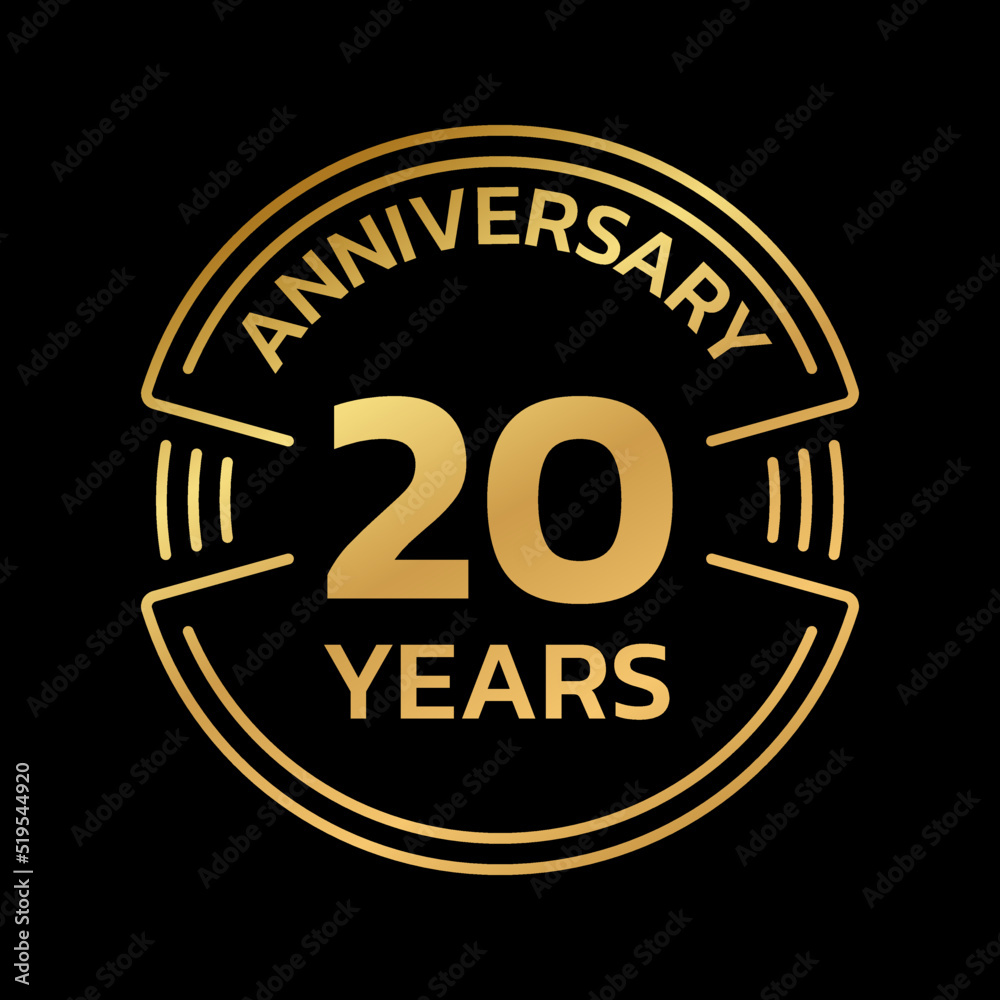 20th Anniversary golden logo or icon. 20 years round stamp design. Birthday celebrating, jubilee circle badge or label template. Vector illustration.