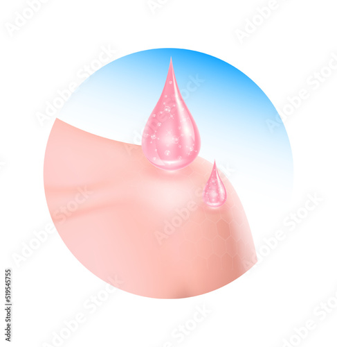 Cream skin care with collagen drop is absorbed into the skin cells on shoulder beautiful woman. Healthcare concept. Sign for cosmetics packaging lotions, serums. Realistic 3D isolated vector.