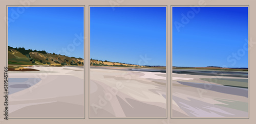 Sea coast. Landscape. The shores of the salt lake are covered with salt. Dry autumn grass around the salty ground.