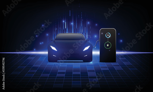 Electric car at charging station. Front view electric car silhouette with blue glowing on dark background. EV concept. Vector illustration