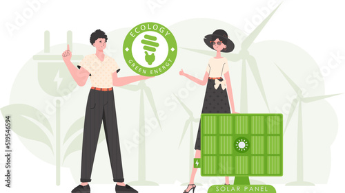 Boy and girl and solar panel. Eco energy concept. Vector illustration.