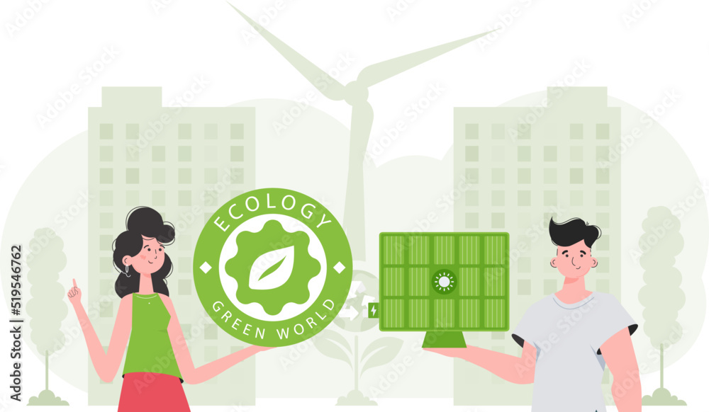 Woman and Man and solar panel. Green energy concept. Vector. Woman and Man and solar panel. Green energy concept. Vector.