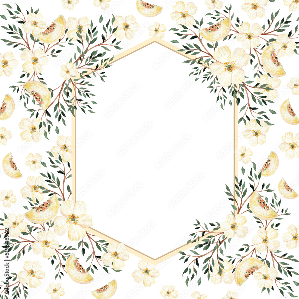 Watercolor card with yellow flowers and leaves. Illustration Watercolor card with yellow flowers and leaves. Illustration
