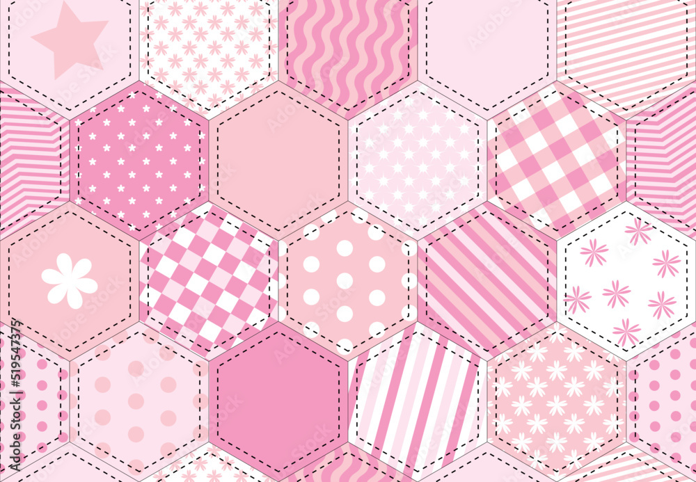 A vector illustration of a patchwork quilt background in shades of pink