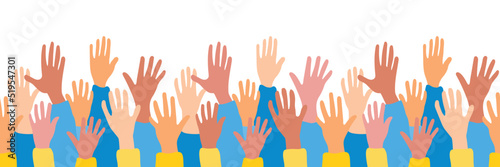 Support Ukraine. Ukrainian people. humanitarian aid to Ukraine. Volunteer movement in Ukraine. Ukrainian patriotism. horizontal seamless pattern raised hands of Ukrainian citizens. Ukrainian refugees 