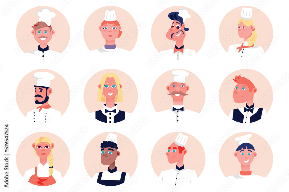 Cooking staff people avatars isolated set. Chef in caps, waitresses and waiters work in restaurant kitchen. Diverse male and female mascots. Vector illustration with characters in flat cartoon design Cooking staff people avatars isolated set. Chef in caps, waitresses and waiters work in restaurant kitchen. Diverse male and female mascots. Vector illustration with characters in flat cartoon design