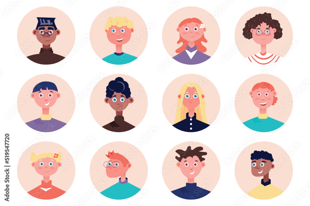 Kids people avatars isolated set. Diverse boys and girls with different looks. Portraits of female and male teenagers or childs mascots. Vector illustration with characters in flat cartoon design