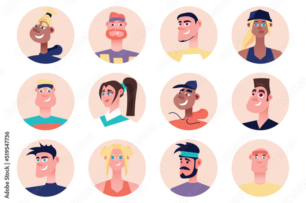 Fitness people avatars isolated set. Diverse sportsmen and sportswomen with different looks. Portraits of female and male athletic mascots. Vector illustration with characters in flat cartoon design Fitness people avatars isolated set. Diverse sportsmen and sportswomen with different looks. Portraits of female and male athletic mascots. Vector illustration with characters in flat cartoon design