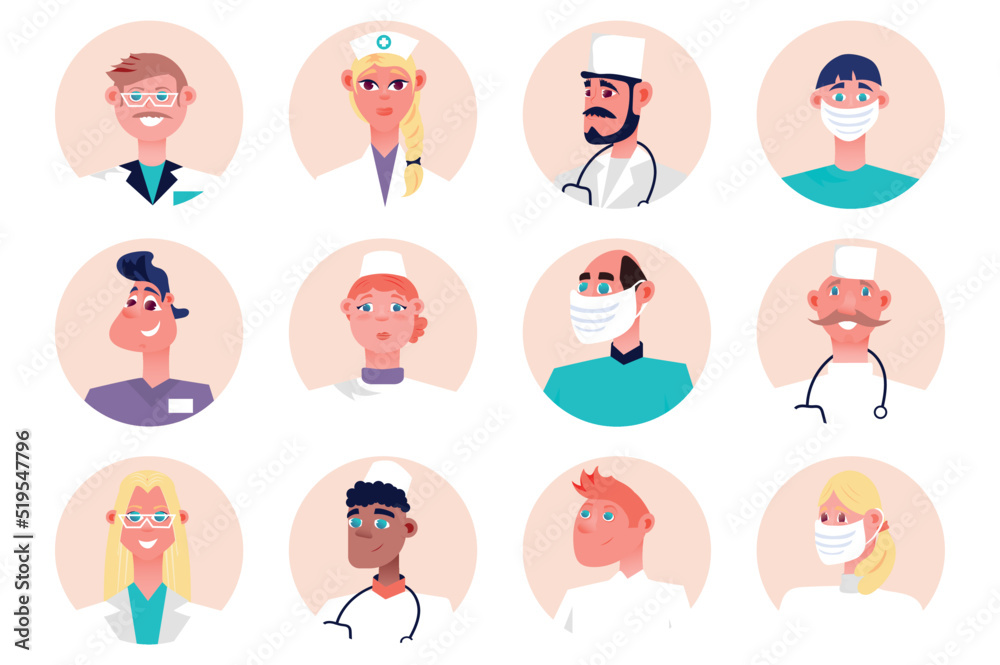 Medical staff people avatars isolated set. Portraits of female and male mascots working as doctors, nurses, surgeons and other practitioners. Vector illustration with characters in flat cartoon design Medical staff people avatars isolated set. Portraits of female and male mascots working as doctors, nurses, surgeons and other practitioners. Vector illustration with characters in flat cartoon design