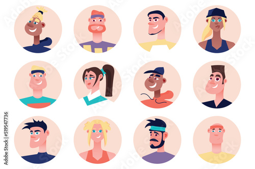 Fitness people avatars isolated set. Diverse sportsmen and sportswomen with different looks. Portraits of female and male athletic mascots. Vector illustration with characters in flat cartoon design