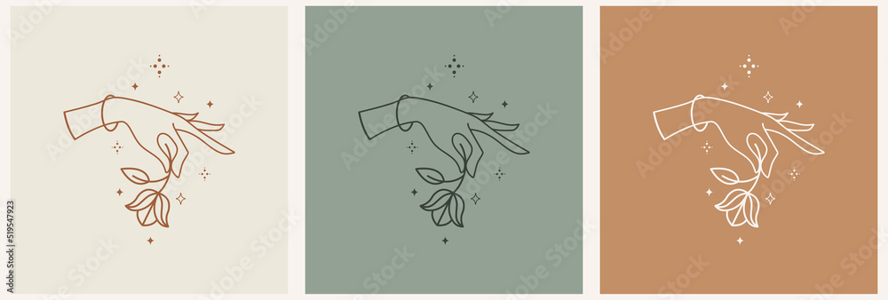 Fototapeta premium Mystical female hands logo in minimal linear style. Vector logo design. Templates with various hand gestures, moon, stars and crystals. For cosmetics, beauty, tattoo, spa, manicure, jewelry store