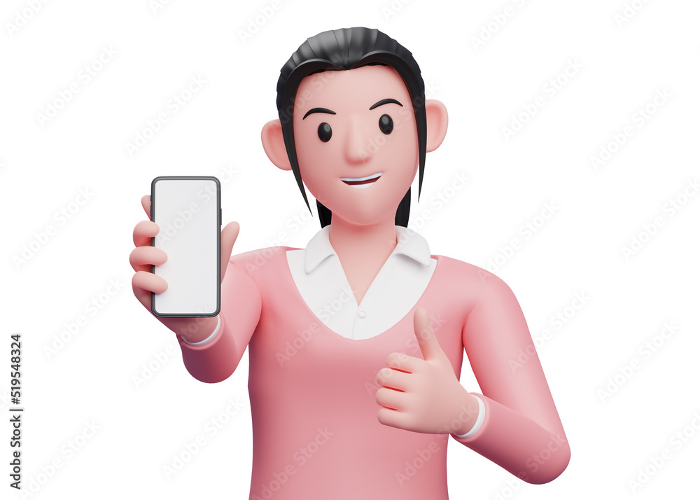 girl in pink sweatshirt showing the phone screen to the camera with a thumbs up, 3d illustration portrait of a sweet girl in a pink sweater holding phone girl in pink sweatshirt showing the phone screen to the camera with a thumbs up, 3d illustration portrait of a sweet girl in a pink sweater holding phone