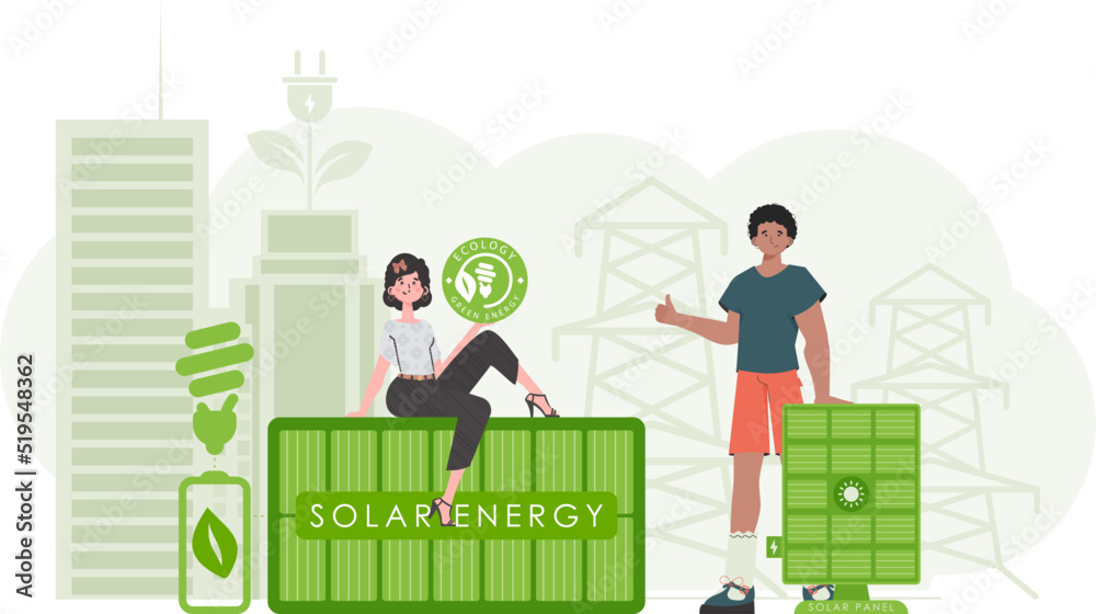 Woman and Man and solar panels. Green energy concept. Vector illustration. Woman and Man and solar panels. Green energy concept. Vector illustration.