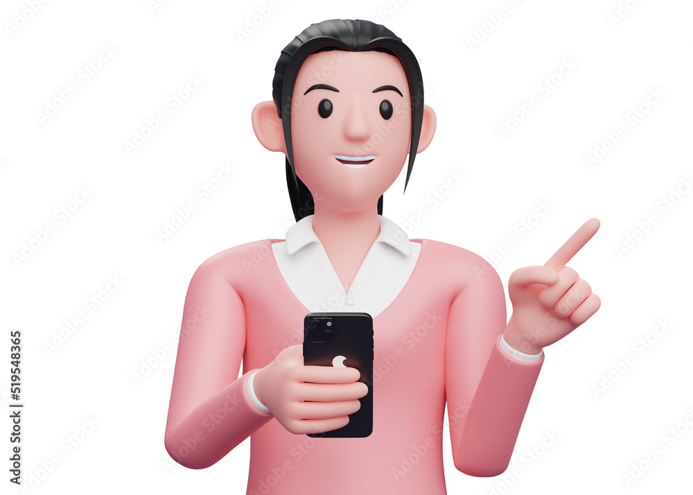 girl in pink sweatshirt holding a cell phone while pointing to the side choosing something, 3d illustration portrait of a sweet girl in a pink sweater holding phone girl in pink sweatshirt holding a cell phone while pointing to the side choosing something, 3d illustration portrait of a sweet girl in a pink sweater holding phone