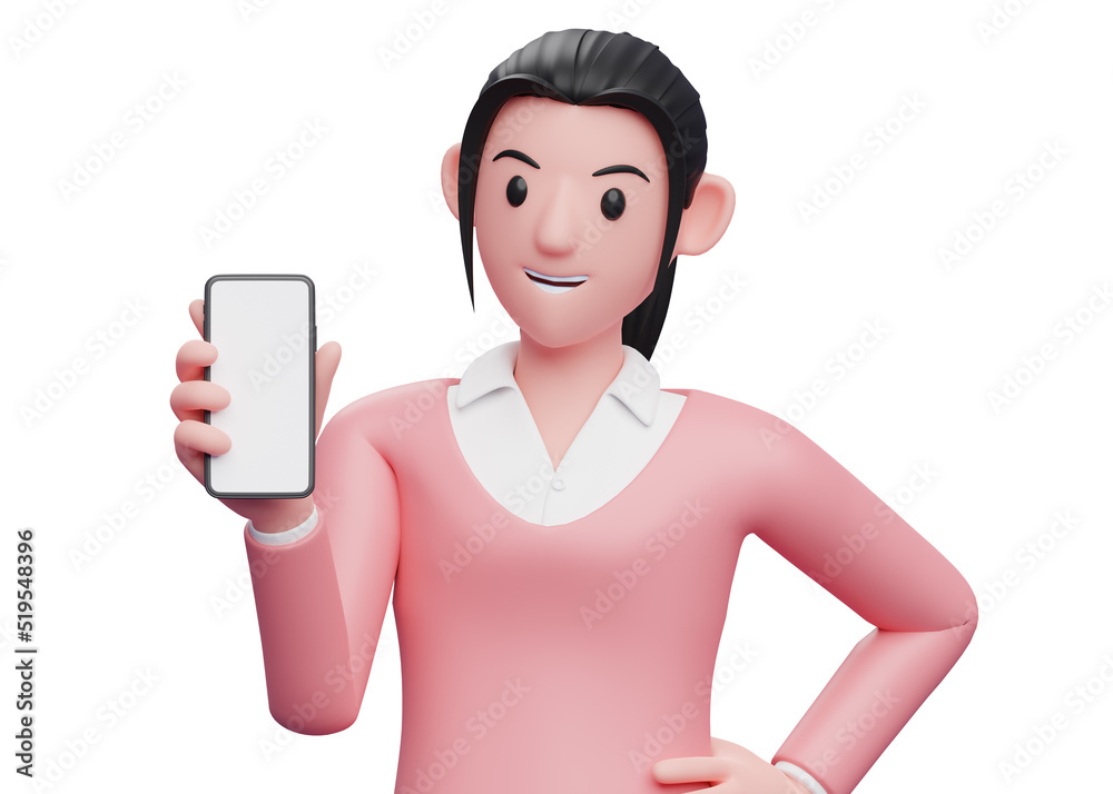 girl in pink sweatshirt holding and looking at a cellphone with her left hand on her waist, 3d illustration portrait of a sweet girl in a pink sweater holding phone