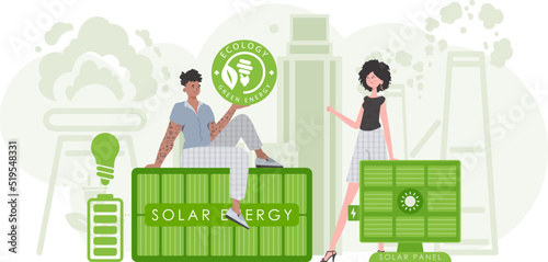 Woman and Man and solar panels. Eco energy concept. Vector.